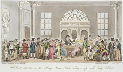 Personaggi noti nella Pump Room, Bath, che prendono un sorso con il Re Bladud, stampa pubblicata da Sherwood e Co